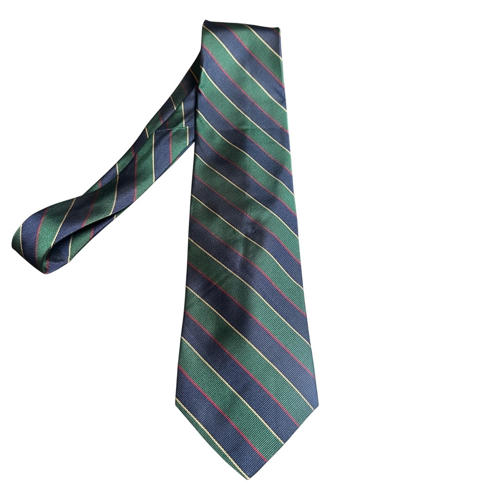 Hathaway Necktie Mens 60" Green Navy Gold Striped Excellent Silk Hand Made Tie‎